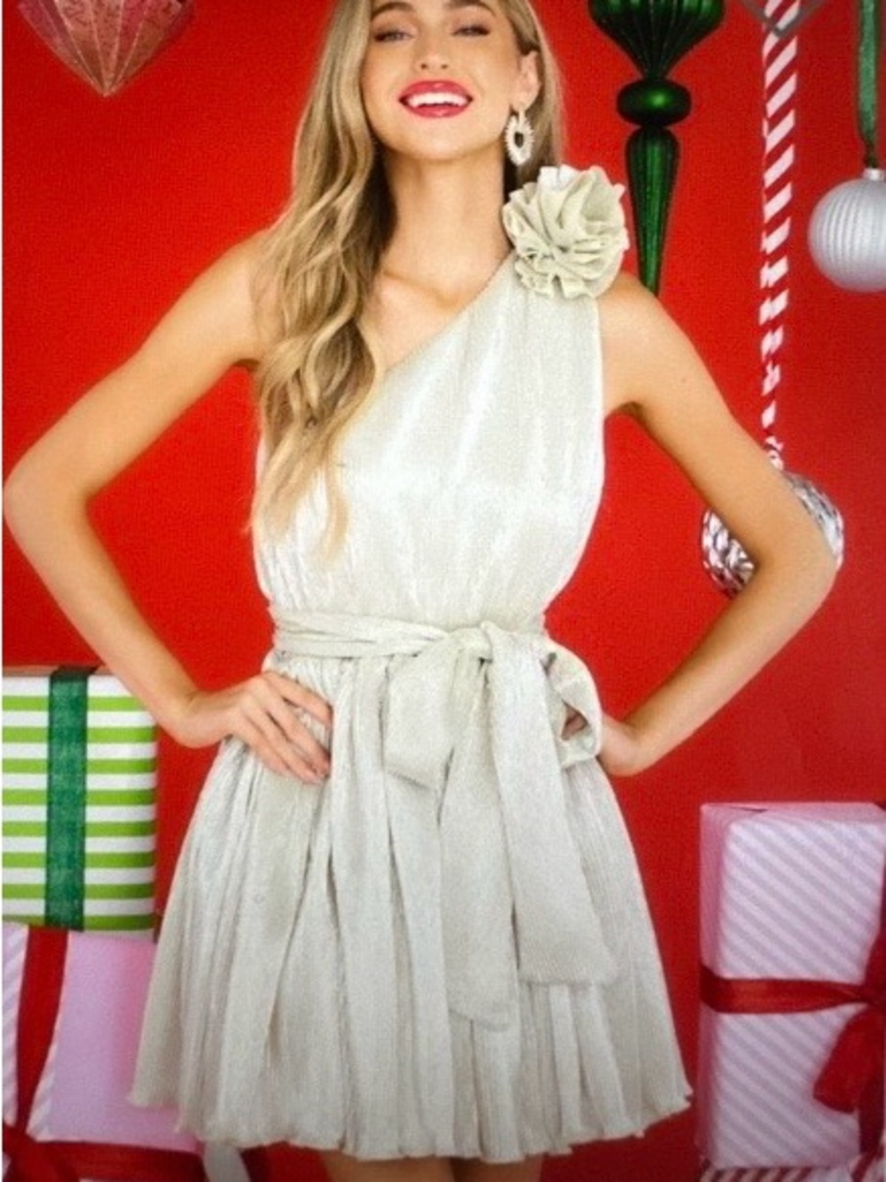 One-Shoulder Cream shiny Party Dress with Flower Accent. NWOT